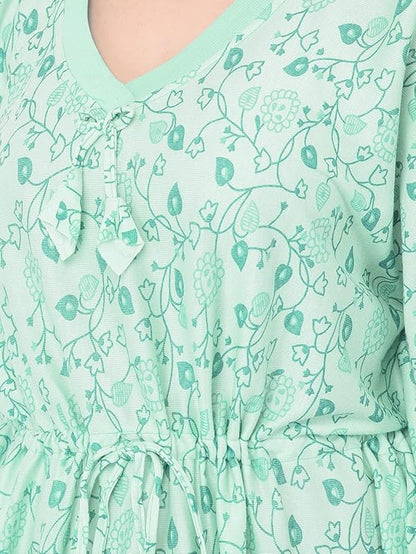 Noty Women's Soft Cotton Kaftan Maxi Nightgown Nighty Nightdress Nightwear -V-Neck- Floral mint green
