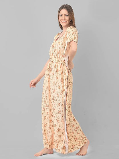 Noty Women's Soft Cotton Kaftan Maxi Nightgown Nighty Nightdress Nightwear -V-Neck- Floral peach