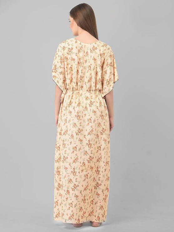 Noty Women's Soft Cotton Kaftan Maxi Nightgown Nighty Nightdress Nightwear -V-Neck- Floral peach