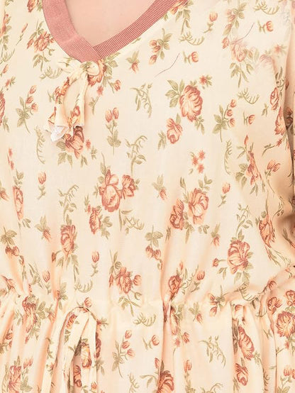 Noty Women's Soft Cotton Kaftan Maxi Nightgown Nighty Nightdress Nightwear -V-Neck- Floral peach