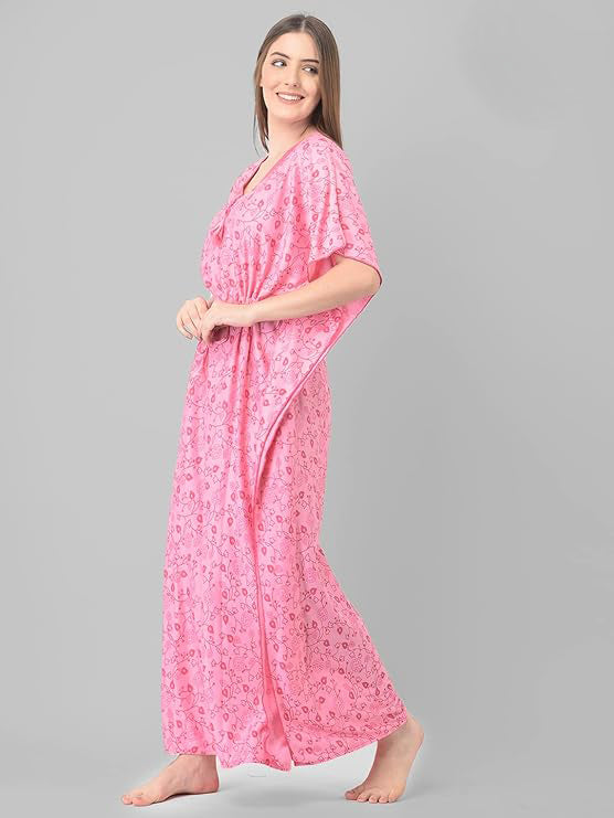 Noty Women's Soft Cotton Kaftan Maxi Nightgown Nighty Nightdress Nightwear -V-Neck- Floral rose pink