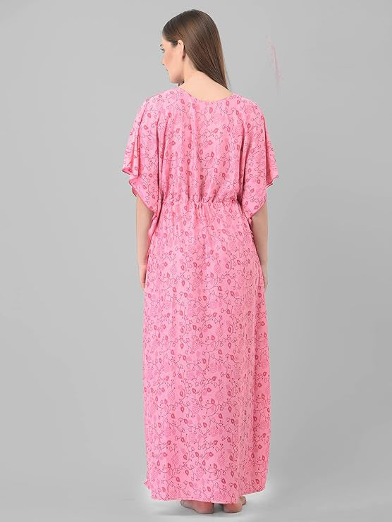 Noty Women's Soft Cotton Kaftan Maxi Nightgown Nighty Nightdress Nightwear -V-Neck- Floral rose pink