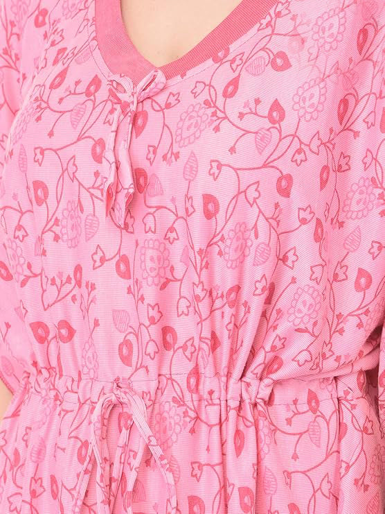 Noty Women's Soft Cotton Kaftan Maxi Nightgown Nighty Nightdress Nightwear -V-Neck- Floral rose pink