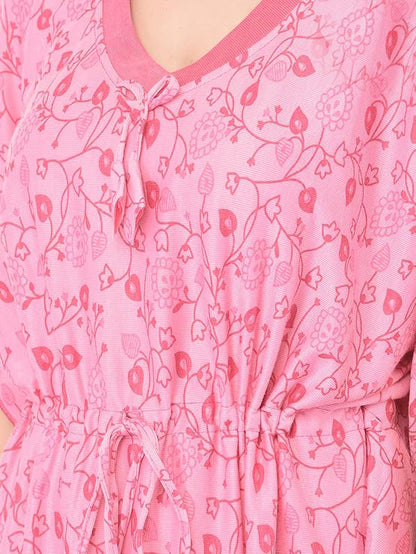 Noty Women's Soft Cotton Kaftan Maxi Nightgown Nighty Nightdress Nightwear -V-Neck- Floral rose pink