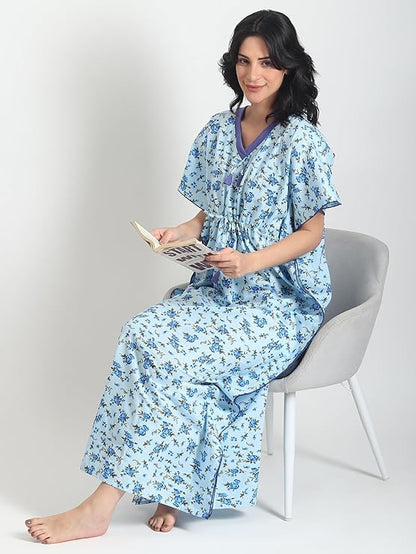 Noty Women's Soft Cotton Kaftan Maxi Nightgown Nighty Nightdress Nightwear -V-Neck- Floral true blue