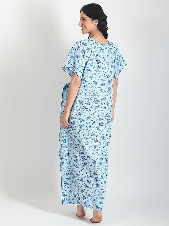 Noty Women's Soft Cotton Kaftan Maxi Nightgown Nighty Nightdress Nightwear -V-Neck- Floral true blue