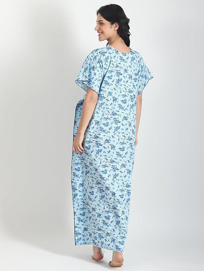 Noty Women's Soft Cotton Kaftan Maxi Nightgown Nighty Nightdress Nightwear -V-Neck- Floral true blue