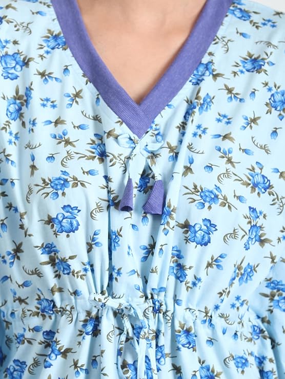 Noty Women's Soft Cotton Kaftan Maxi Nightgown Nighty Nightdress Nightwear -V-Neck- Floral true blue