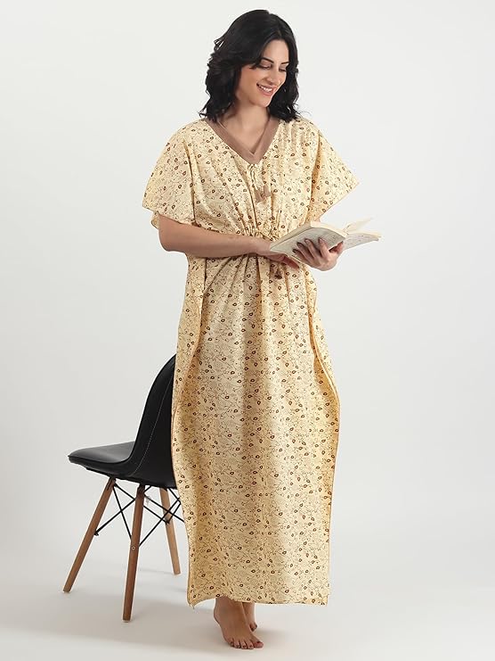 Noty Women's Soft Cotton Kaftan Maxi Nightgown Nighty Nightdress Nightwear -V-Neck- Floral yellow