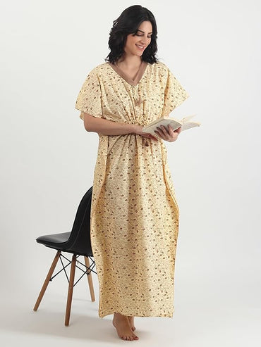 Noty Women's Soft Cotton Kaftan Maxi Nightgown Nighty Nightdress Nightwear -V-Neck- Floral yellow