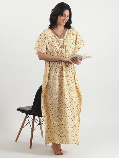 Noty Women's Soft Cotton Kaftan Maxi Nightgown Nighty Nightdress Nightwear -V-Neck- Floral yellow