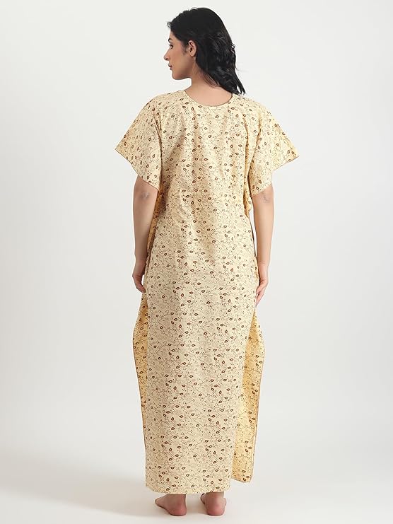 Noty Women's Soft Cotton Kaftan Maxi Nightgown Nighty Nightdress Nightwear -V-Neck- Floral yellow