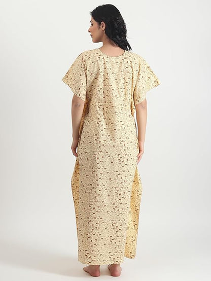 Noty Women's Soft Cotton Kaftan Maxi Nightgown Nighty Nightdress Nightwear -V-Neck- Floral yellow