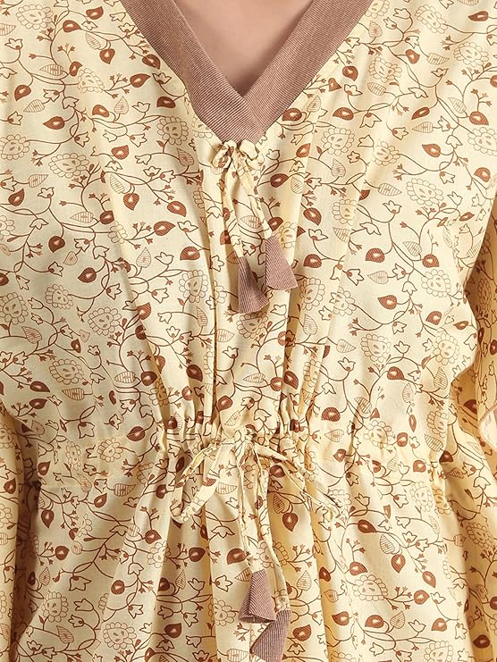 Noty Women's Soft Cotton Kaftan Maxi Nightgown Nighty Nightdress Nightwear -V-Neck- Floral yellow