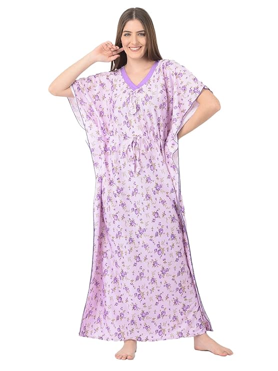 Noty Women's Soft Cotton Kaftan Maxi Nightgown Nighty Nightdress Nightwear -V-Neck- Floral lavender