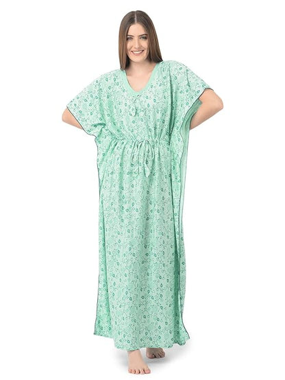 Noty Women's Soft Cotton Kaftan Maxi Nightgown Nighty Nightdress Nightwear -V-Neck- Floral mint green