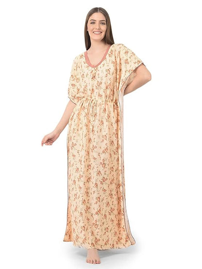 Noty Women's Soft Cotton Kaftan Maxi Nightgown Nighty Nightdress Nightwear -V-Neck- Floral peach