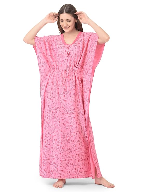 Noty Women's Soft Cotton Kaftan Maxi Nightgown Nighty Nightdress Nightwear -V-Neck- Floral rose pink