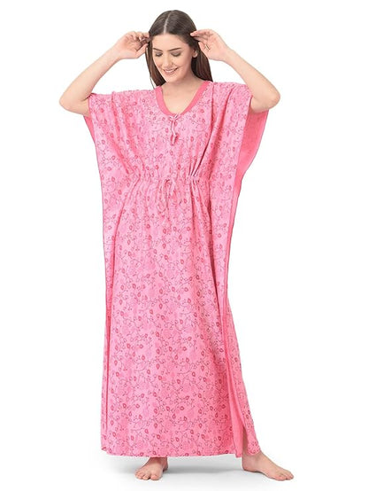 Noty Women's Soft Cotton Kaftan Maxi Nightgown Nighty Nightdress Nightwear -V-Neck- Floral rose pink