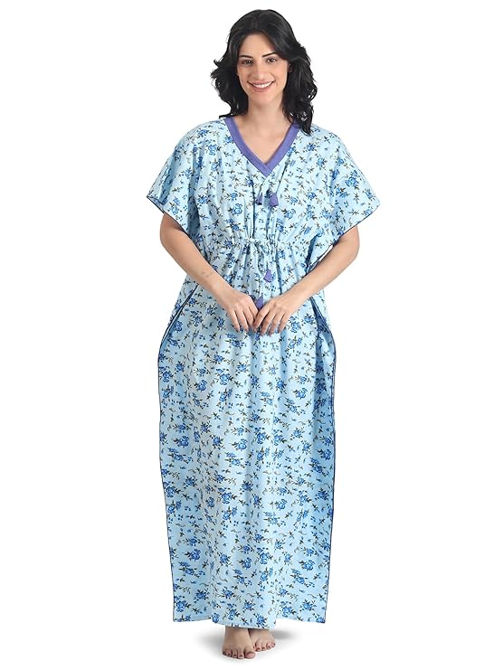 Noty Women's Soft Cotton Kaftan Maxi Nightgown Nighty Nightdress Nightwear -V-Neck- Floral true blue