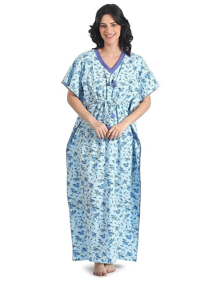 Noty Women's Soft Cotton Kaftan Maxi Nightgown Nighty Nightdress Nightwear -V-Neck- Floral true blue