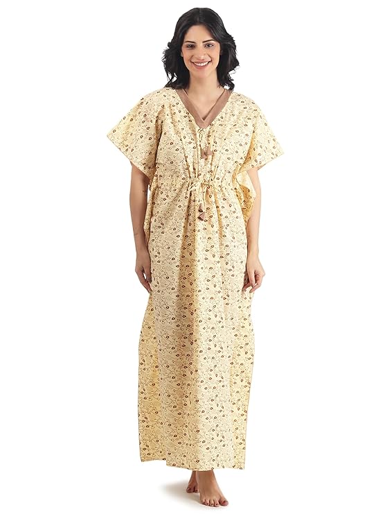 Noty Women's Soft Cotton Kaftan Maxi Nightgown Nighty Nightdress Nightwear -V-Neck- Floral yellow