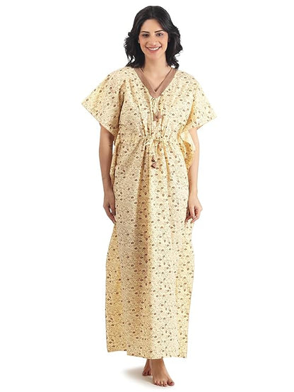 Noty Women's Soft Cotton Kaftan Maxi Nightgown Nighty Nightdress Nightwear -V-Neck- Floral yellow