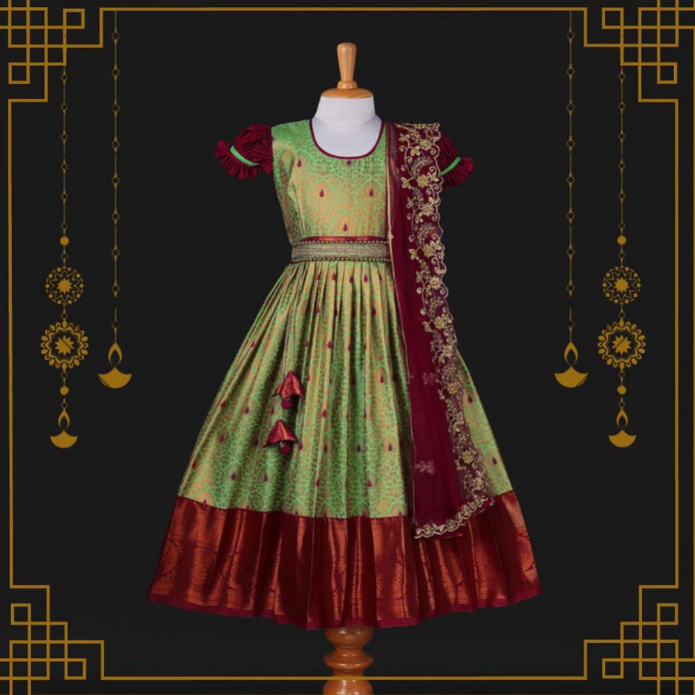Varnatari's Pastel Green And Maroon Ethnic Anarkali Dress