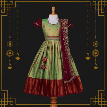 Varnatari's Pastel Green And Maroon Ethnic Anarkali Dress