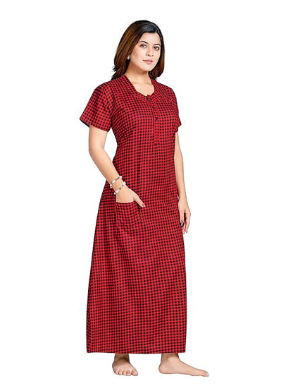 PNAEONG Women's Cotton Long Maxi Night Gown Nighty Dress Stylish Super Soft Comfortable red