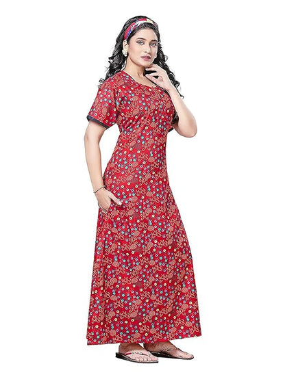 PNAEONG Women's Cotton Long Maxi Night Gown Nighty Dress Stylish Super Soft Comfortable red flower