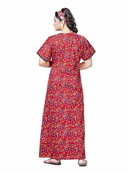 PNAEONG Women's Cotton Long Maxi Night Gown Nighty Dress Stylish Super Soft Comfortable red flower