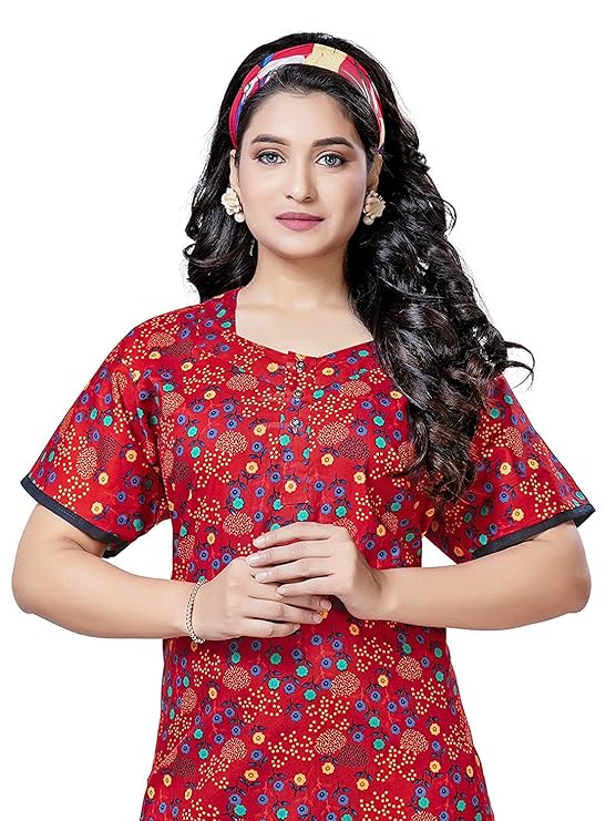 PNAEONG Women's Cotton Long Maxi Night Gown Nighty Dress Stylish Super Soft Comfortable red flower