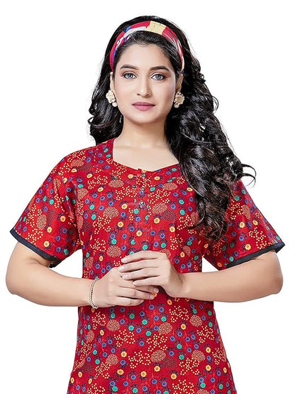 PNAEONG Women's Cotton Long Maxi Night Gown Nighty Dress Stylish Super Soft Comfortable red flower