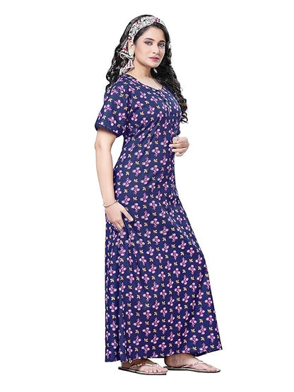PNAEONG Women's Cotton Long Maxi Night Gown Nighty Dress Stylish Super Soft Comfortable dark blue