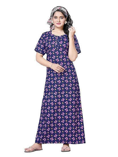 PNAEONG Women's Cotton Long Maxi Night Gown Nighty Dress Stylish Super Soft Comfortable dark blue