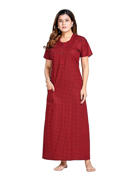 PNAEONG Women's Cotton Long Maxi Night Gown Nighty Dress Stylish Super Soft Comfortable red
