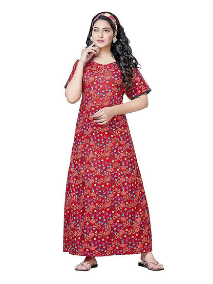 PNAEONG Women's Cotton Long Maxi Night Gown Nighty Dress Stylish Super Soft Comfortable red flower