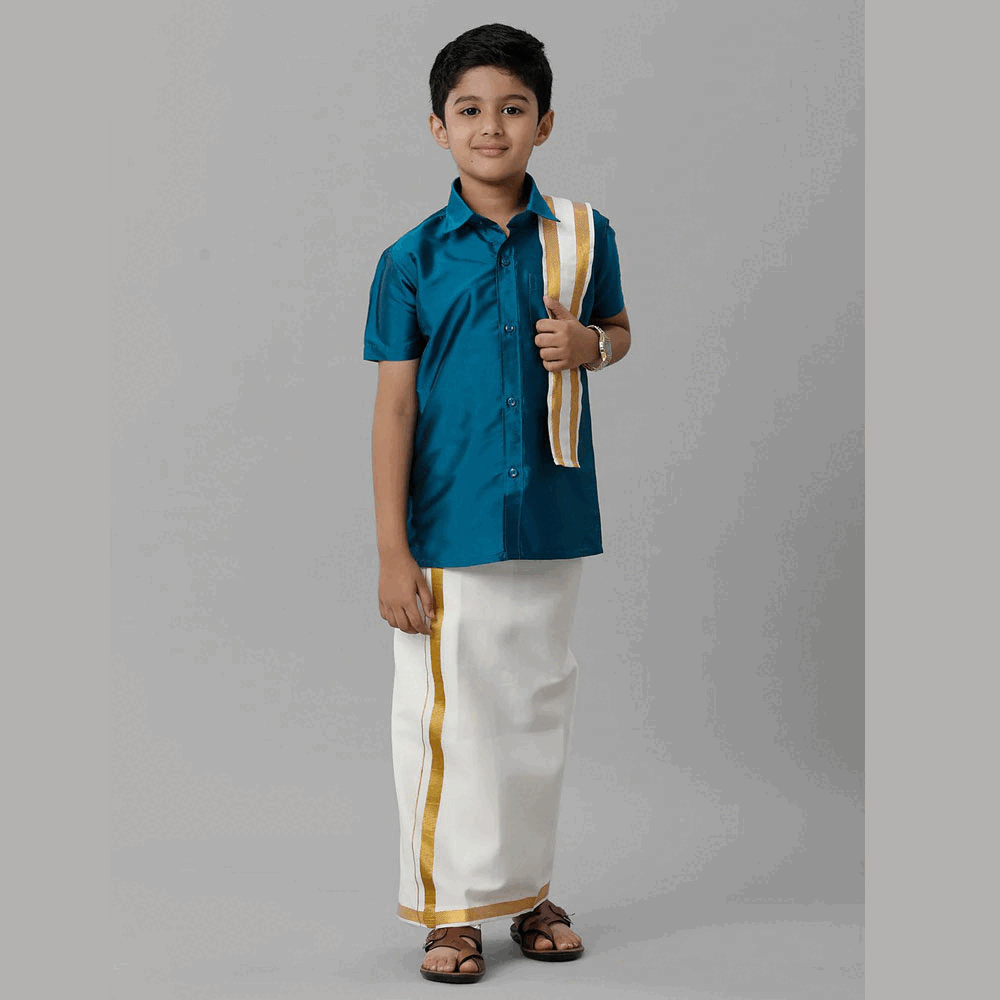 Ramraj's Boy's Silk Cotton Peacock Blue Half Sleeves Shirt with Adjustable Cream Dhoti Towel Combo