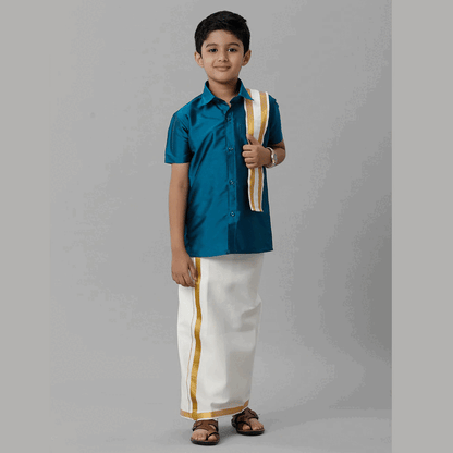 Ramraj's Boy's Silk Cotton Peacock Blue Half Sleeves Shirt with Adjustable Cream Dhoti Towel Combo