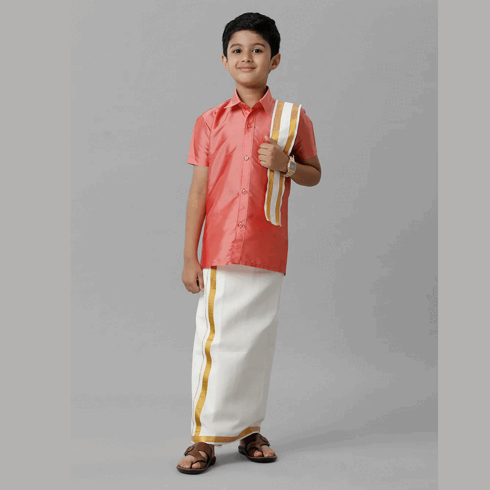 Ramraj's Boy's Silk Cotton Pink Half Sleeves Shirt with Adjustable Cream Dhoti Towel Combo
