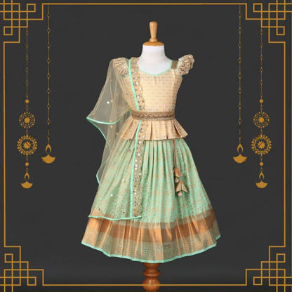 Varnatari's Pista Green & Cream Lehenga