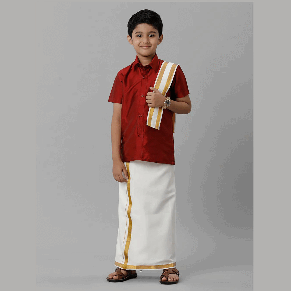 Ramraj's Boy's Silk Cotton Red Half Sleeves Shirt with Adjustable Cream Dhoti Towel Combo