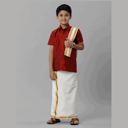 Ramraj's Boy's Silk Cotton Red Half Sleeves Shirt with Adjustable Cream Dhoti Towel Combo