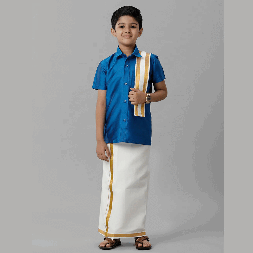Ramraj's Boy's Silk Cotton Royal Blue Half Sleeves Shirt with Adjustable Cream Dhoti Towel Combo