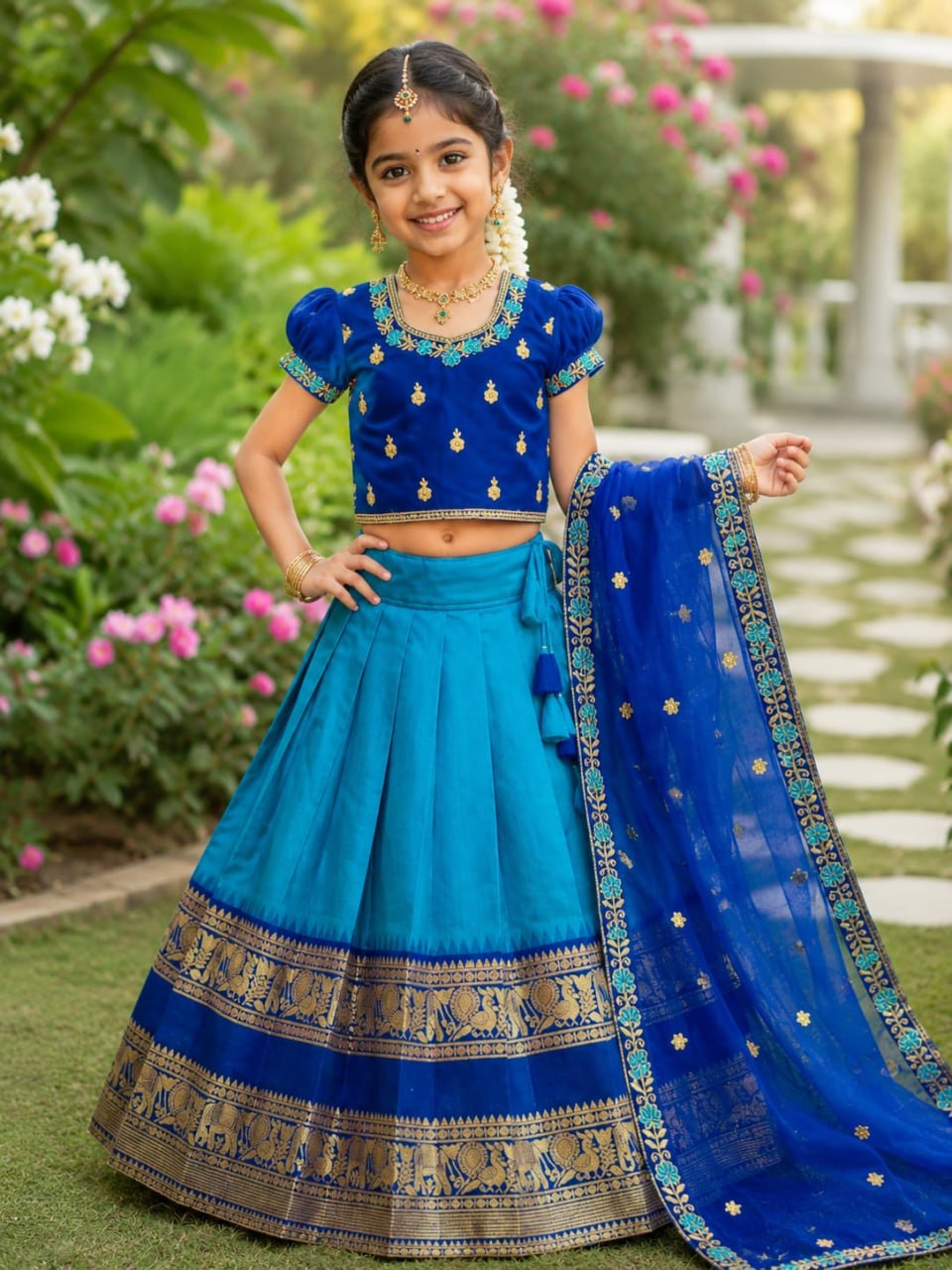 RKT Fashion's Royal Blue Zari Weave Kids Lehenga Choli