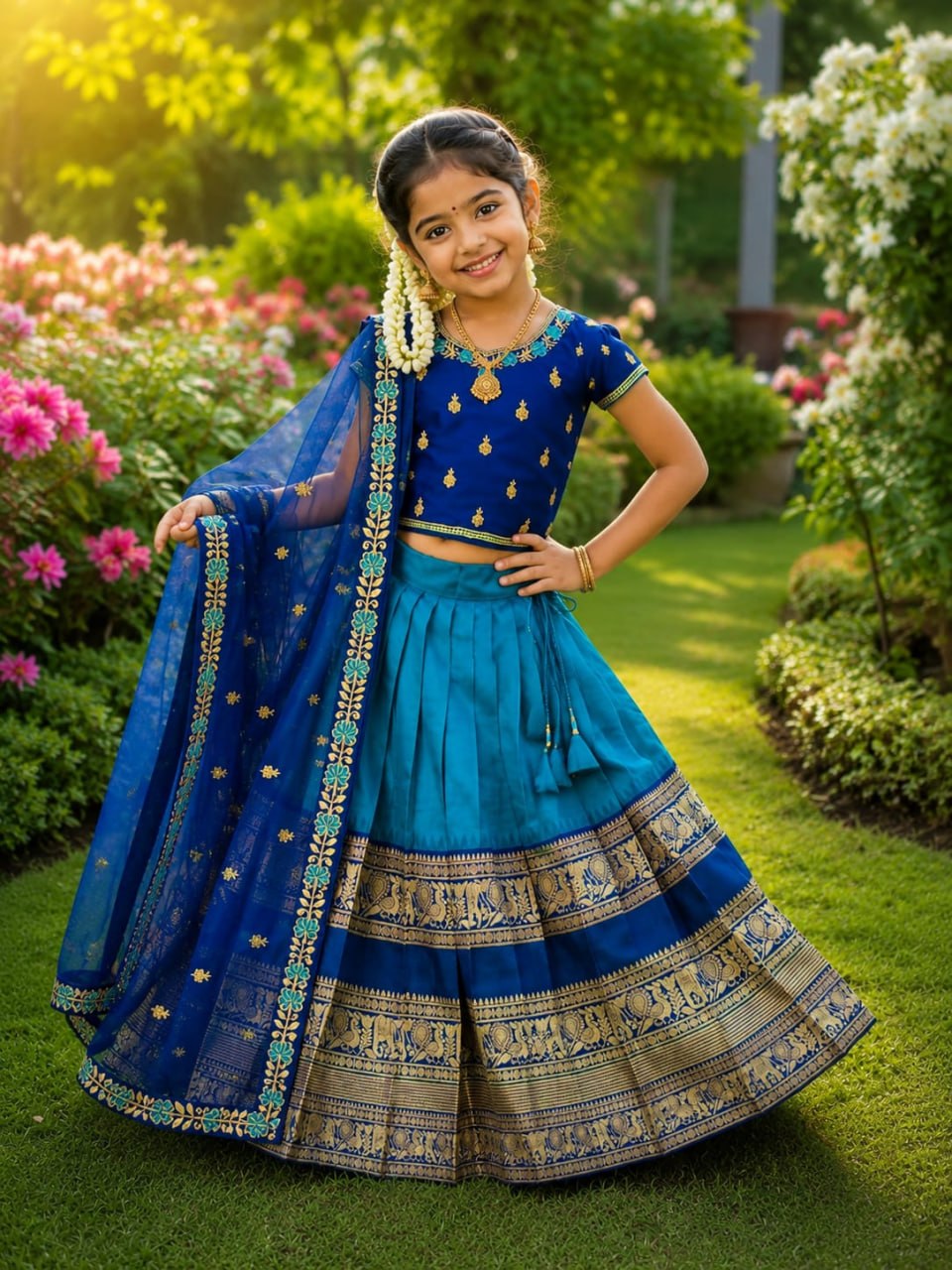 RKT Fashion's Royal Blue Zari Weave Kids Lehenga Choli