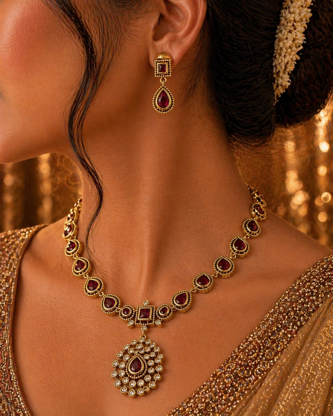 Ruby Stone Necklace with Earrings - Brass Base
