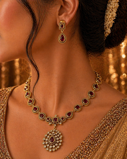 Ruby Stone Necklace with Earrings - Brass Base