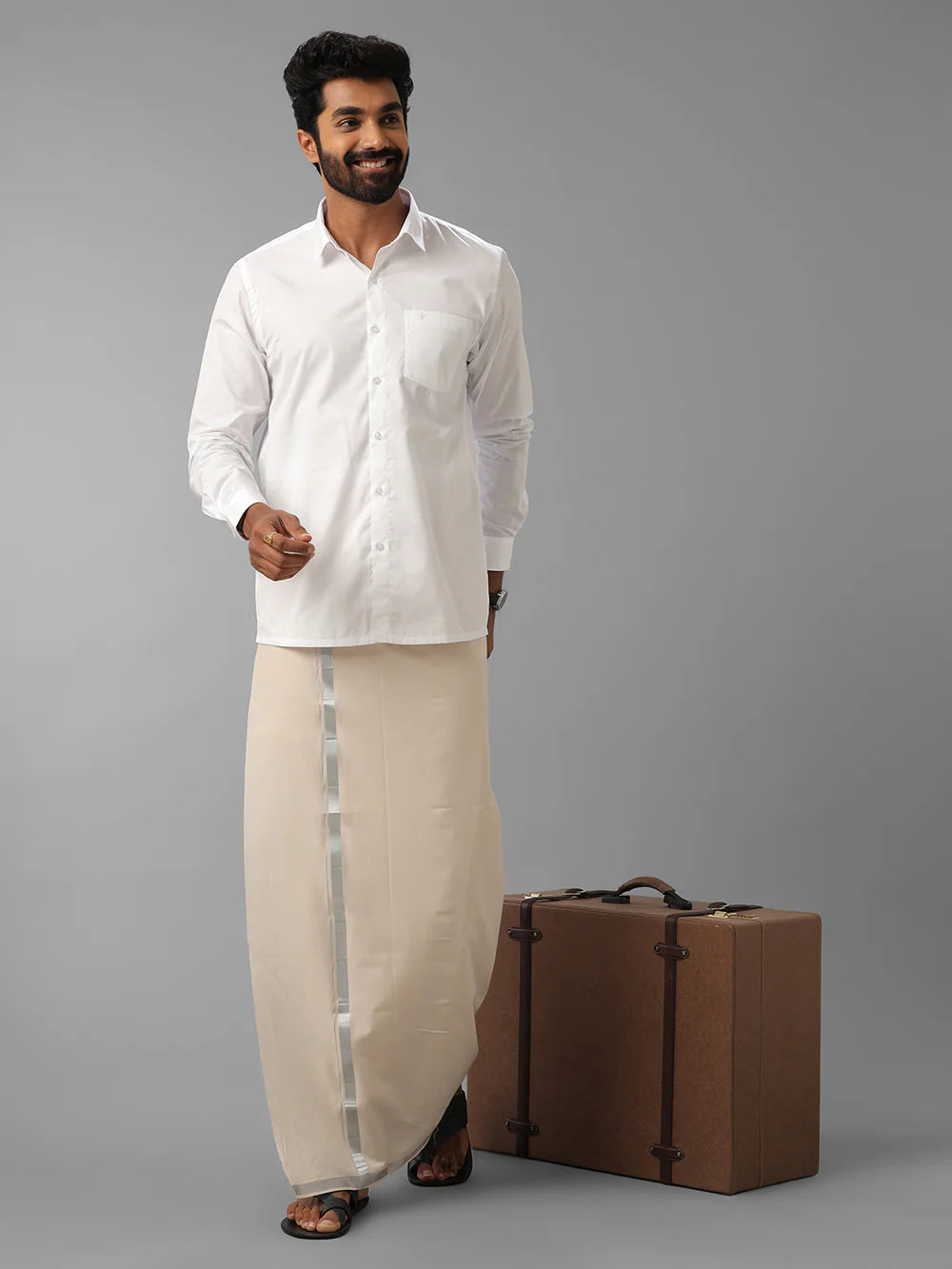 Ramraj's Cotton Rich White Shirt with Single Layer Dhoti Combo